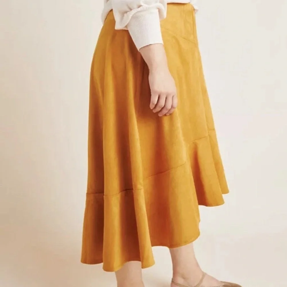 Maeve Anthropologie Cosima Flounced Hi-Low Suede Midi Skirt Mustard size 16W​​ - Picture 14 of 15